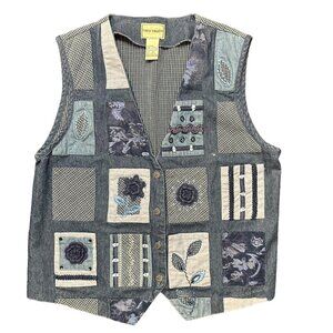 Vintage Vest Napa‎ Valley 90's Denim Patchwork Embroidery Crochet Detail Size M